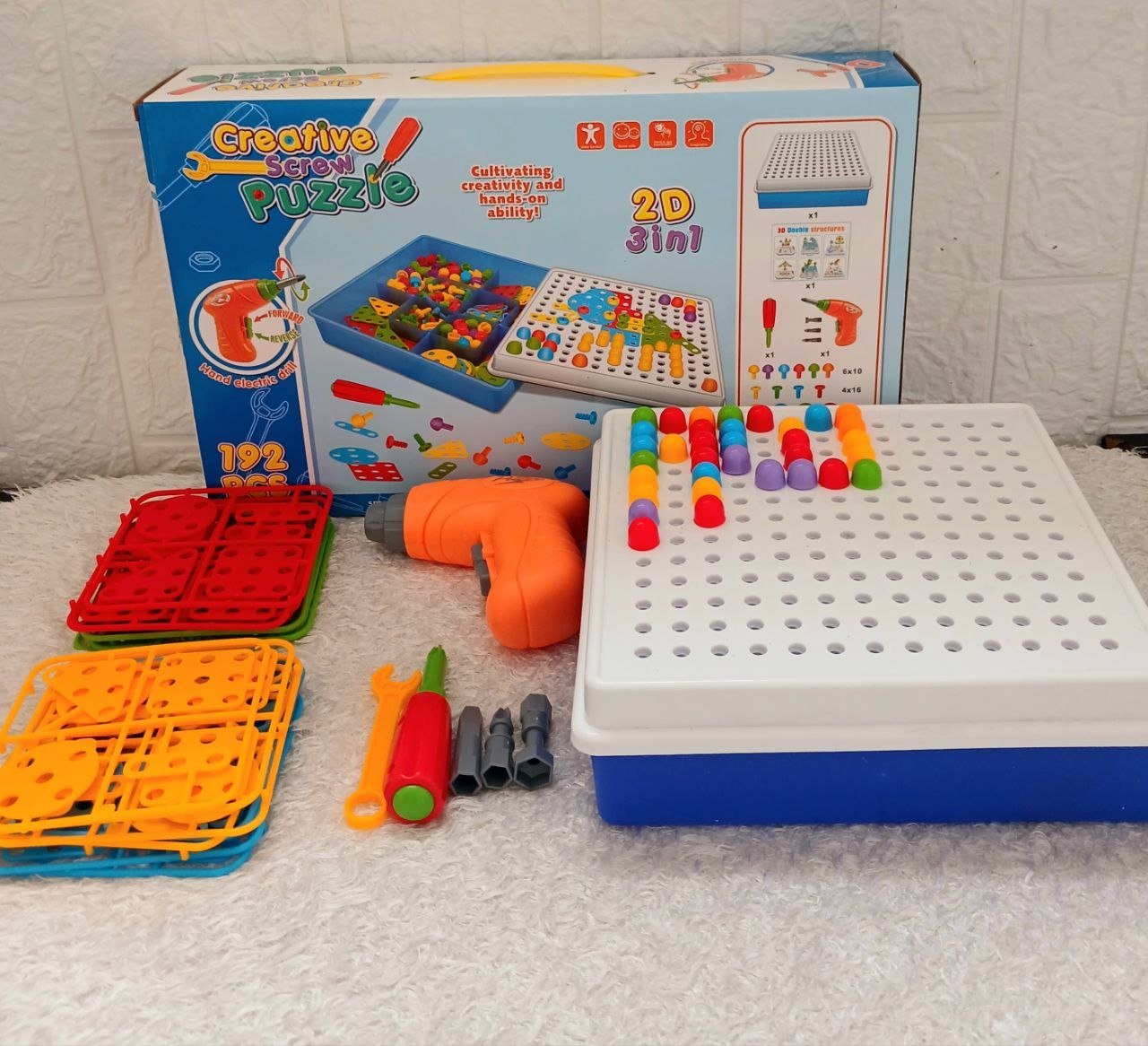 5836846846188393298 مجموعة ألعاب "Creative Screw Puzzle" التعليمية - 192 قطعة مع مثقاب كهربائي للأطفال لعبة التركيب الإبداعية (2D & 3D) مع مثقاب كهربائي - مجموعة أدوات البناء والتركيب التعليمية . - الصورة 1