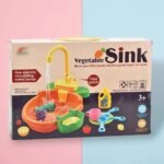 لعبة حوض غسيل الأطباق والخضروات والفواكه للأطفال vegetable electric sink toy مع صنبور مياه كهربائي وأدوات مطبخ محاكاة - حوض المطبخ التعليمي للأطفال