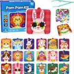 مجموعة أشغال يدوية للأطفال بكرات البوم بوم - 18 لوحة حيوانات مع ملقط DIY Pom Pom Craft Kit | لعبة تعليمية لتنمية المهارات هدية تعليمية بدون فوضى لسن 4-8 سنوات