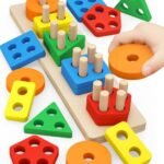 لعبة فرز وتطابق الأشكال الهندسية الخشبية للأطفال Wooden Geometric Shape Sorter / Stacking Toy - لعبة تعليمية خشبية لتنمية المهارات ومبدأ المنتسوري
