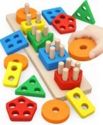 لعبة فرز وتطابق الأشكال الهندسية الخشبية للأطفال Wooden Geometric Shape Sorter / Stacking Toy - لعبة تعليمية خشبية لتنمية المهارات ومبدأ المنتسوري