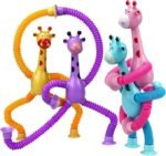 ألعاب بوب تيوب زرافة مرنة للأطفال مع أكواب شفط - مجموعة حسية (4 قطع) Pop tubes giraffe
